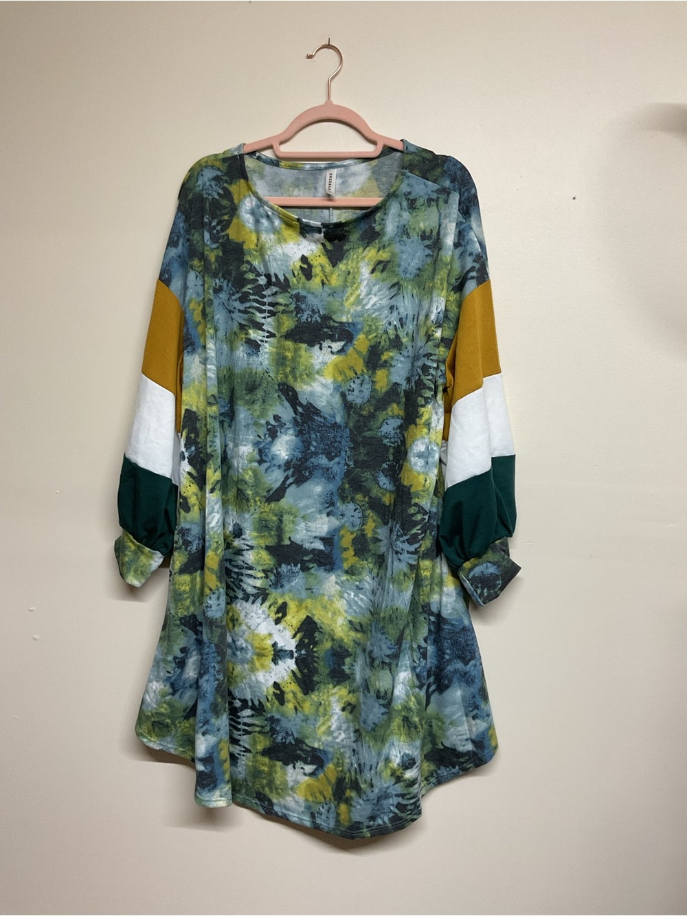 Emerald Abstract Tie-Dye Long Sleeve Dress in Green, Mustard and White